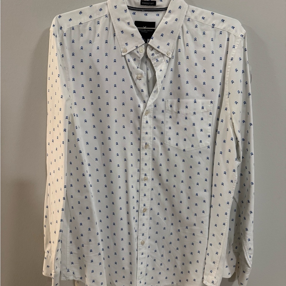 American Eagle Outfitters White Button-Down Shirt with Blue Micro Pattern